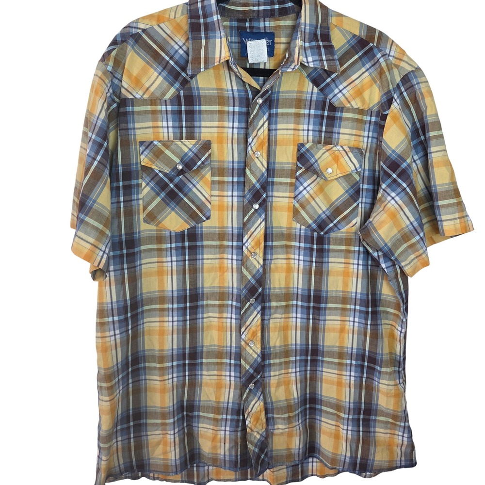 VTG Wrangler Pearl Snap Western Shirt Mens XLT Plaid Short Sleeve Cowboy